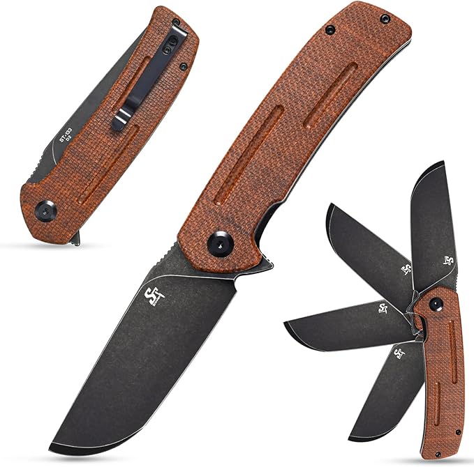 Sitivien ST133 Folding Knife,D2 Blade,Micarta Handle EDC Tool Knife for Outdoor Camping Hiking(Brown)