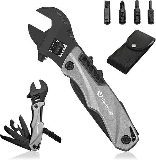 Multitool Wrench Wide Jaw Opening Camping Gear, Gift Ideas for Him,12 In 1 Small Adjustable Spanner with Screwdriver bits, Knife & Bottle Opener,Survial Tool for Home, Outdoor & DIY.