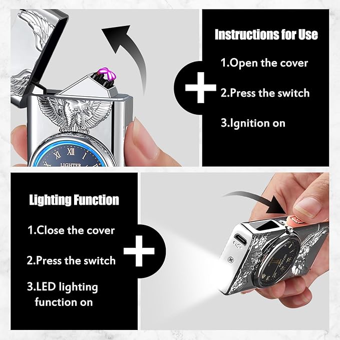 Cool Lighter with Clock Dial Electric Lighter with LED Power Display Plasma Lighter Windproof USB Rechargeable Lighter Gifts for Men Women (Eagle-Silver)