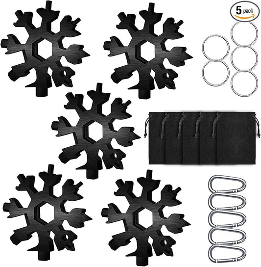 Snowflake Multitool, 5 Pieces 18-in-1 Stainless Steel Snowflake Standard Multitool, Snowflake Tool with Key Ring, Carabiner Clip and Gift Bag (Black)