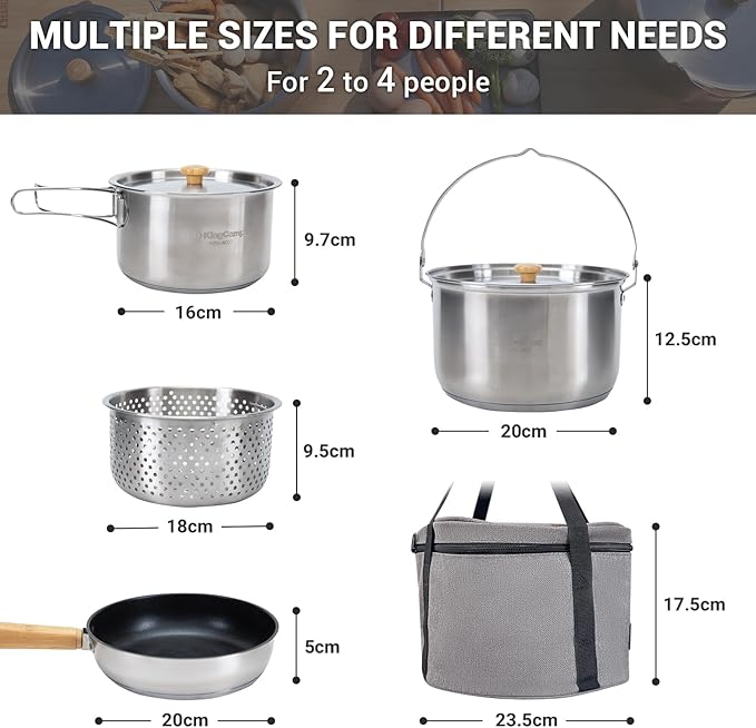 KingCamp Camping Cookware Set 304 Stainless Steel Campfire Cooking Pots Pan and Kettle with Travel Tote Bag for Camping Outdoor Kitchen Cooking Picnic for 4-6