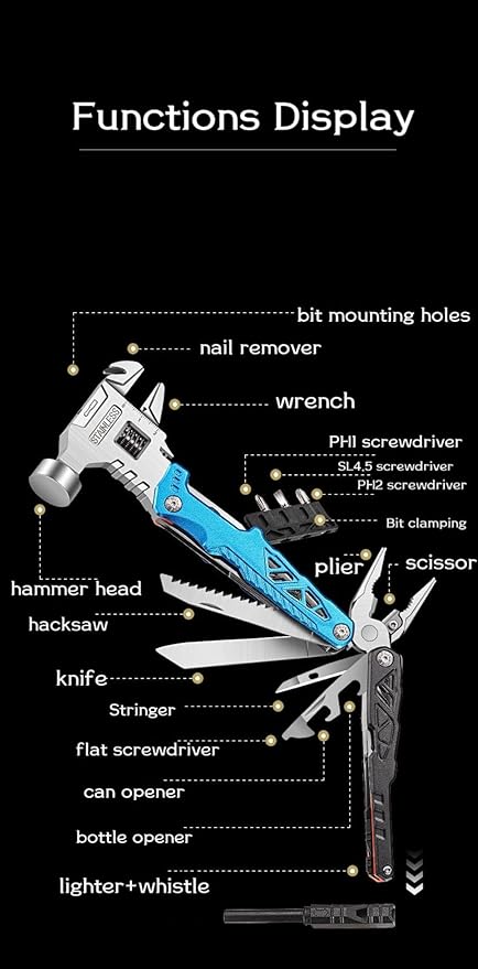 Black 18-In-1 Multitool,Stainless Steel Multitool Pliers, Hammer, Tool, Steel Blades, Wire Cutters,Bottle Opener,Nylon Sheath,Survival,Camping & Hunting, Father's Day, Dad, Gift, Men