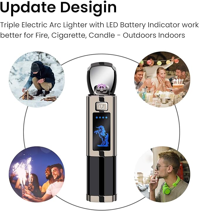 Triple Arc Lighter Plasma Lighter Windproof Lighter Rechargeable Electric Lighter Survival Lighter with LED Battery Indicator for Fire Outdoors Adventure Camping Hiking