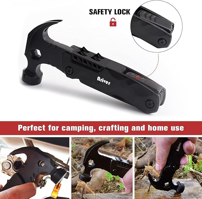 Multitool Camping Accessories, 13 in 1 Hammer Multitool and Key Shaped Pocket Tool, Survival Tool with screwdrivers, Safety Lock, Gifts for Him Men Husband Dad Boyfriend