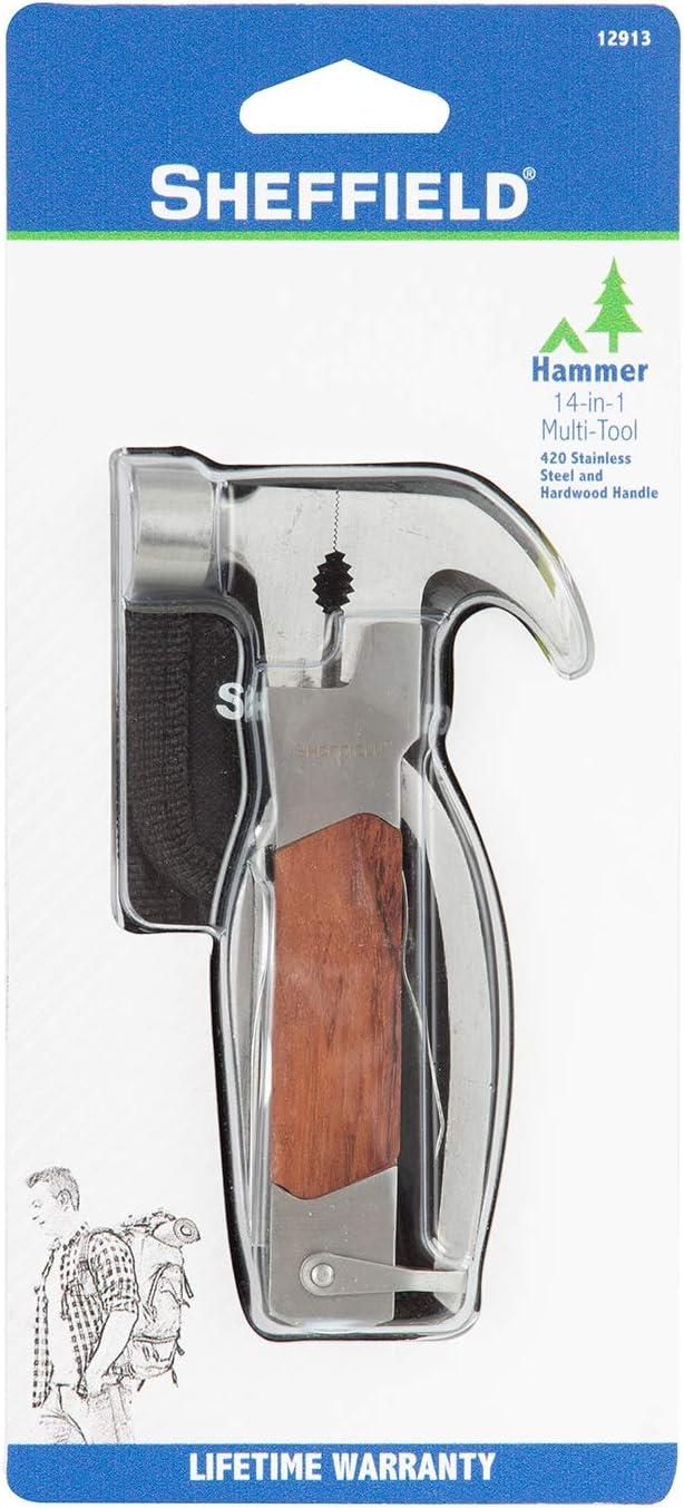 Sheffield 12913 Premium 14-in-1 Hammer Multi Tool, Multipurpose Tool for the Home, Camping Equipment, and Work, Hammer, Pliers, Survival Knife, & More
