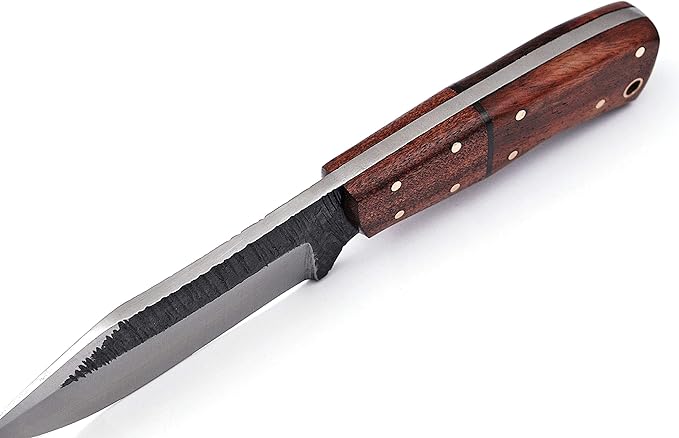 High Carbon Steel Knife, Full Tang Bushcraft Knife - Hunting Knife, Survival Knife, Fixed Blade Knife & Camping Knife with Rose Wood Handle & Leather Knife Sheath