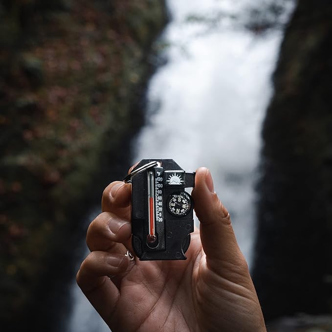 Sun Company Outsider - 4-in-1 Survival Multi-Tool | Compass, Thermometer, Whistle, and Fire Starter in a Compact Zipper Pull | Outdoor Gadget for Backpacking, Camping, or Survival Situations