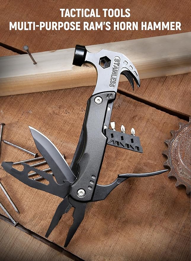 All in One Survival Tools Hammer, Portable Folding Multifunctional Hammer for Outdoor Hiking and Camping, Vehicle Mounted Emergency Claw Hammer Gadgets Accessories