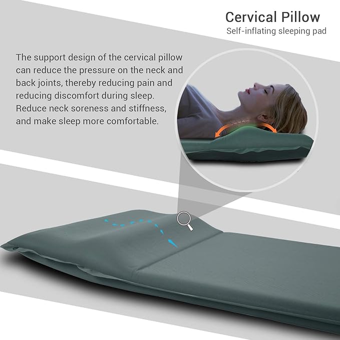 INVOKER Camping Sleeping pad - Self-Inflating 2inch Thick FexFoam Camping Mat,Ultralight&Compact Air Mattress Fast Inflatable for Traveling Backpacking Hiking Tent - Built-in Contour Pillow(Green)