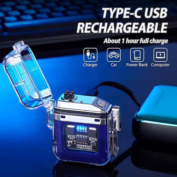 BABOBIU Electric Lighter Arc Lighter Flameless Windproof Waterproof Plasma Lighter with Dual Plasma Arc for Candles, Incense, Wick kindling (Blue)