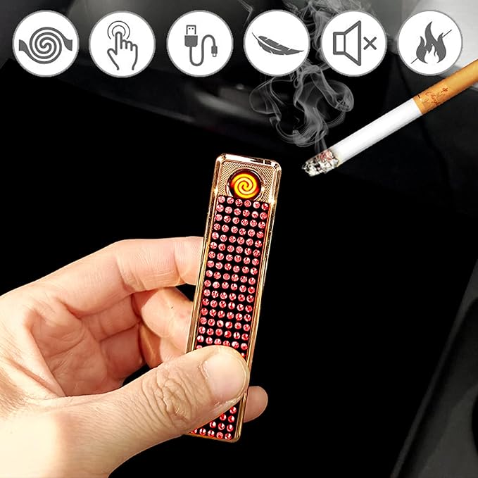 Rhinestone Lighter Electric Lighter Rechargeable Bling Glitter USB Lighter Flameless Girls Lighter for Women (red)