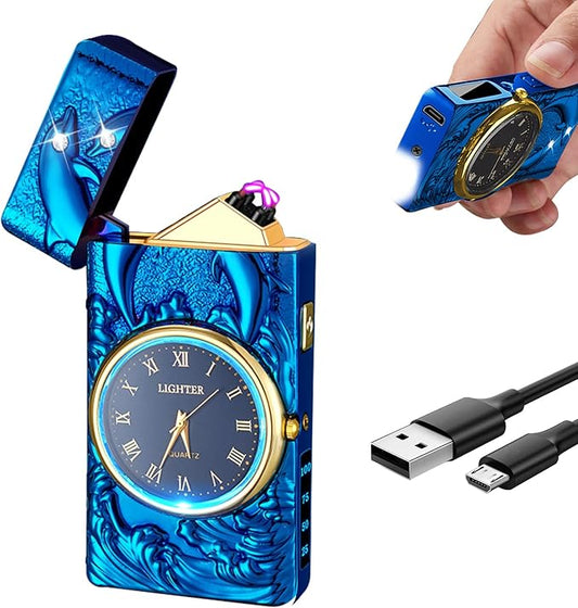 Electric Candle Lighter USB Rechargeable Lighter Plasma Arc Lighter Unique Cool Electronic Lighter with Clock Dial for Outdoor Grill, BBQ, Cooking (Blue Dolphin)