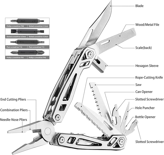 WETOLS Multitool Needle Nose Pliers,21-in-1 Stainless Steel Multi Tool Pocket Knife with Screwdriver Sleeve,Self-locking Survival Knife with EDC Pouch-Great for Outdoor, Simple Repair, Camping, Hiking