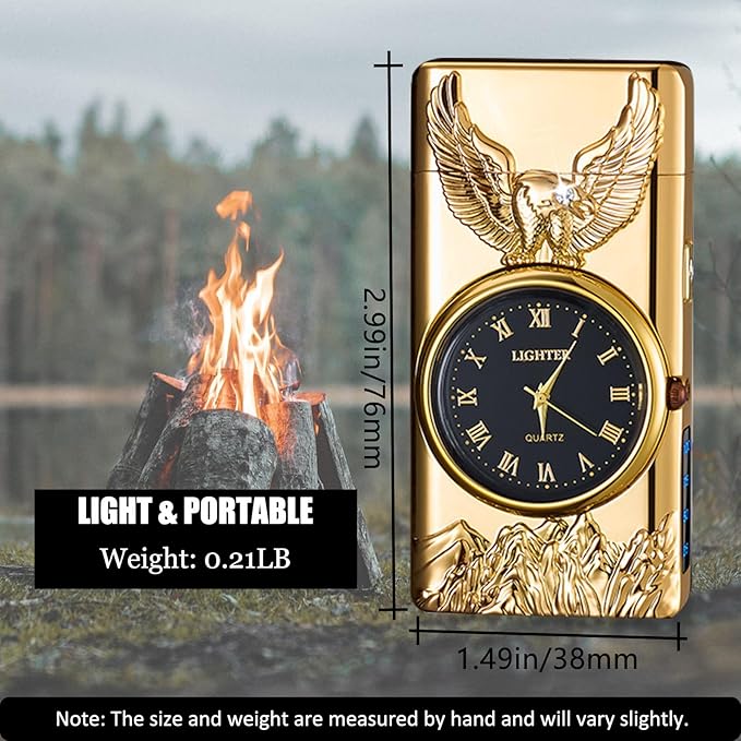 Cool Lighter with Clock Dial Electric Lighter with LED Power Display Plasma Lighter Windproof USB Rechargeable Lighter Gifts for Men Women (Eagle-Gold)