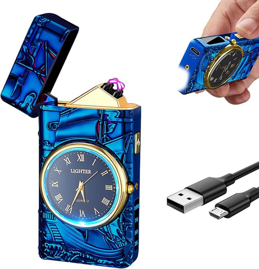 Cool Lighter with Clock Dial Electric Lighter with LED Power Display Plasma Lighter Windproof USB Rechargeable Lighter Gifts for Men Women (Sailboat-Blue)