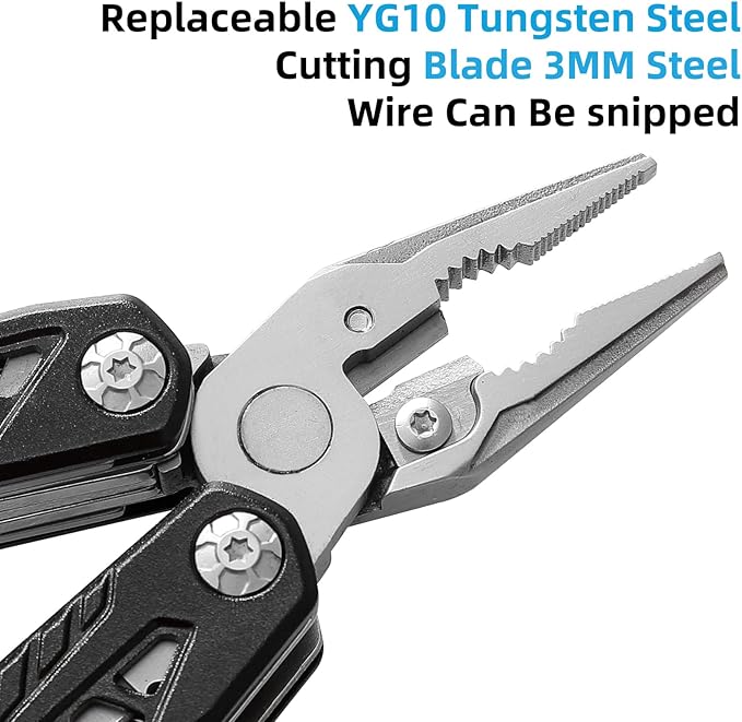 Camping Axe Multitool with YG10 Tungsten Steel Replaceable Wire Cutters for Gift,17 in 1 Multi Tool with Spring-Action Pliers,Knife,Screwdriver,Flint Rob,Safty Whistle with Nylon Sheath (Black)