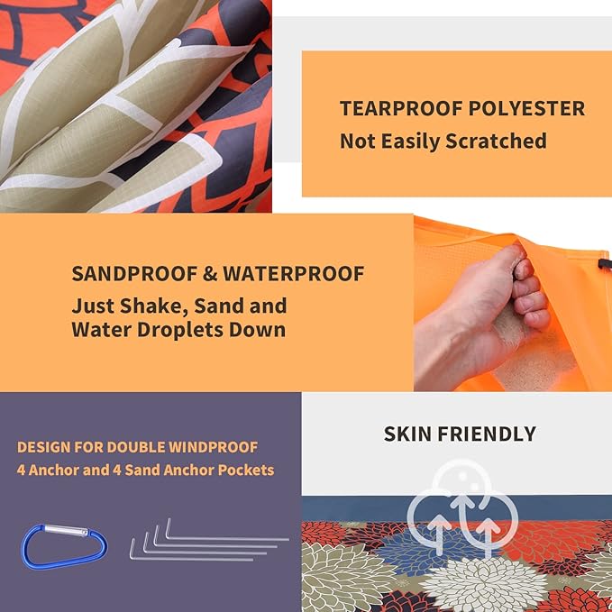 Beach Blanket Waterproof Sandproof, Picnic Blanket, Large Beach Mat 4-7 Adults, Lightweight Durable Beach Mat Sand Free Quick Drying for Beach Travel Camping Hiking Picnic 79"x79"