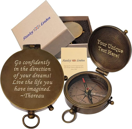 Stanley London Engraved Compass Personalized | Brass Pocket Compass Gifts for Men, Him, Son, Husband, Grandson, Boys | Engravable Antique Gift Compasses for Graduation, Baptism, Confirmation