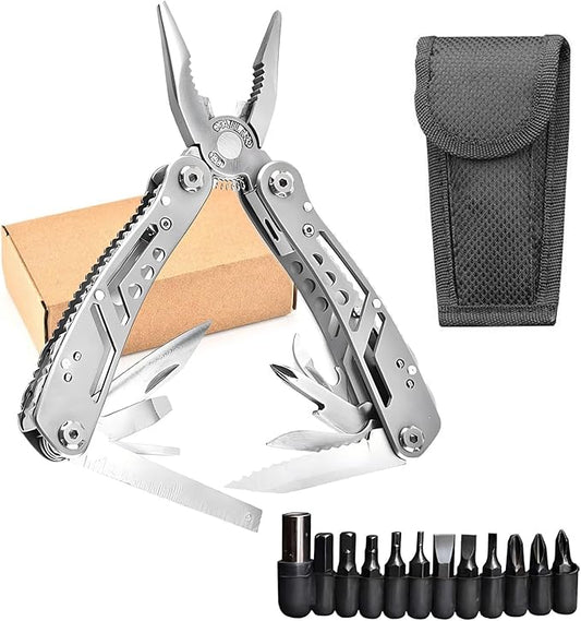 Multitool with Stainless Steel Pliers - Mini Folding Tool for Outdoor Camping, Survival, Portable and Multi-Purpose Use, Vehicle-Mounted Emergency Equipment with Wrench - Silver