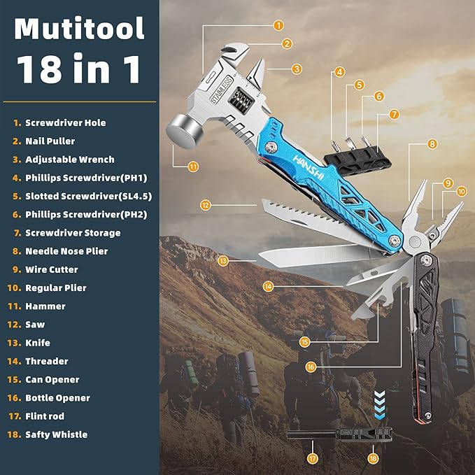 Upgraded Adjustable Wrench Multitool Hammer with YG10 Tungsten Steel Replaceable Wire Cutters for Men,18 in 1 Pocket Multi Tool Knife with Spring-Action Pliers for Camping,Survival (Blue)