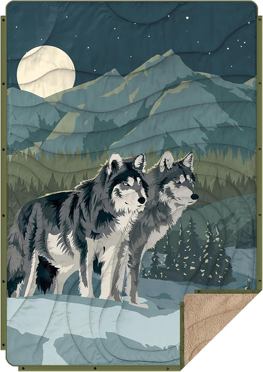 Outdoor Camping Blanket with Sherpa Lining, Extra Warm Thick Camp Blankets & Puffy Ultralight Soft Poncho DWR Camping Quilt for Cold Weather, Adventure,Sleeping,Backpacking 56"x 40"