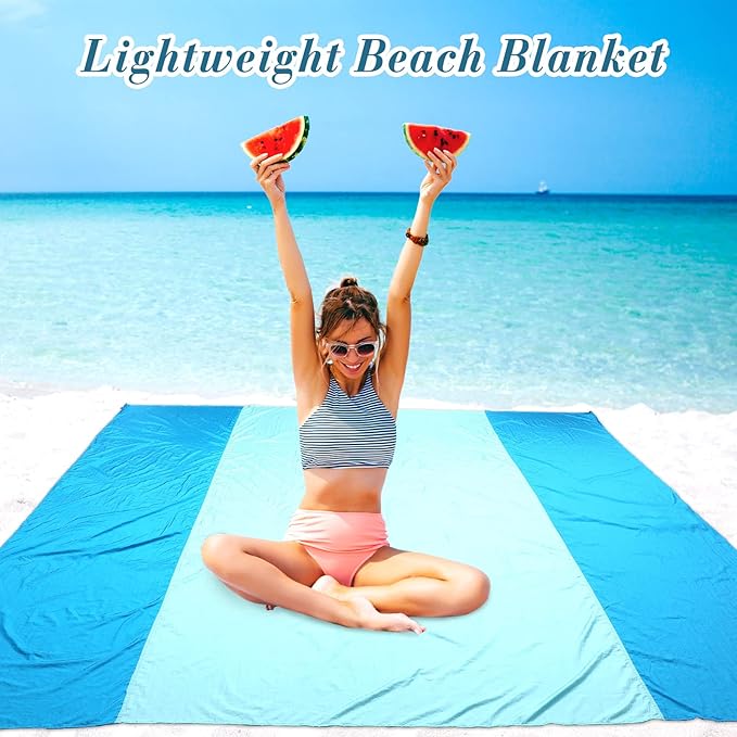 Batiyeer 4 Pcs Beach Blanket Sandproof Extra Large Beach Mat Anti Sand Waterproof Picnic Blanket Lightweight with 16 Stakes for Travel Camping Hiking Picnic (Lake Blue Dark Blue, 120 x 107 Inch)