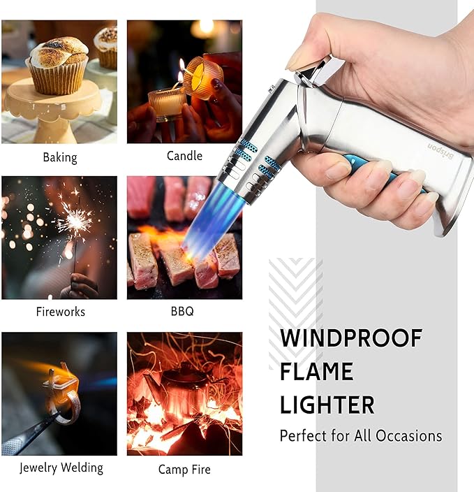 Torch Lighter, Quad 4 Jet Flame Windproof Butane Lighter with Safety Lock Adjustable Refillable Lighter for Kitchen Grill BBQ Candle Camping (Butane NOT Included) (Blue)