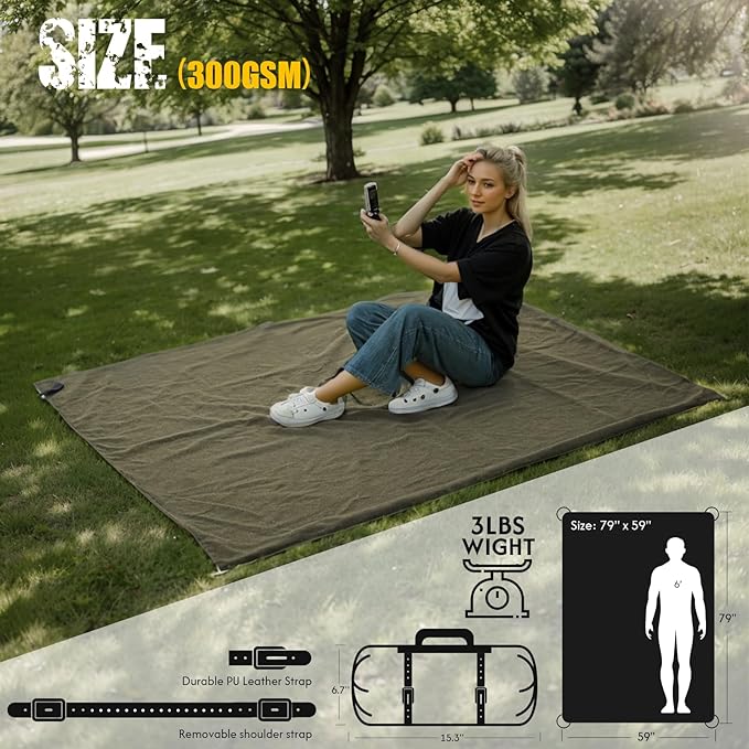 Large Outdoor Waterproof Blanket with Wool - 79" x 59", Extra Thick 300 GSM Fleece, Warm, Wearable, Washable, Portable Stadium Blankets for Camping Picnic, Beach, Sporting Events, Pet, Car