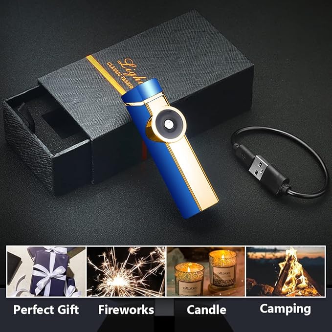 SKRFIRE Plasma Lighter Rechargeable USB Electric Lighter Triple Arc Lighter Windproof Flameless Cool Lighter Cylindrical Candles Lighter with Beautiful Gift Box for Holiday, Men and Women (Blue)