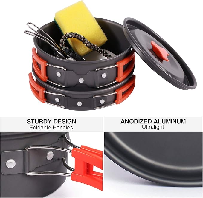 REDCAMP 11/12/17/22 PCS Camping Cookware Mess Kit, 800ml (28oz) Backpacking Camping Pot+Pan Set, Lightweight and Compact Cookware for Hiking, Picnic and Camping