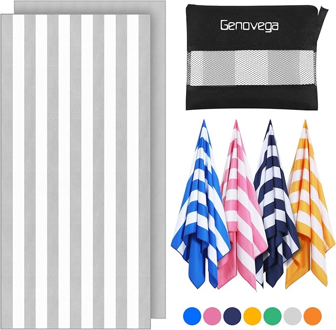 Genovega Microfiber Beach Towel Lightweight Thin Oversized Sandproof Compact Quick Dry Clearance Towels Extra Large Sand Free Pool Travel Beach Essentials Accessories Women Men Adult Gift Grey Stripe