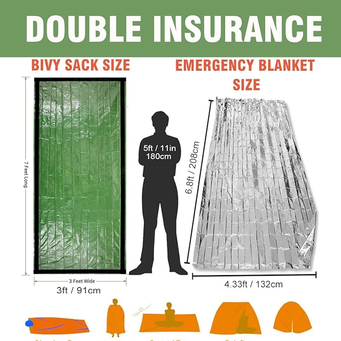 Emergency Sleeping Bag, Waterproof Thermal Bivy Sack with Survival Blanket for Outdoor Hiking Camping Adventure