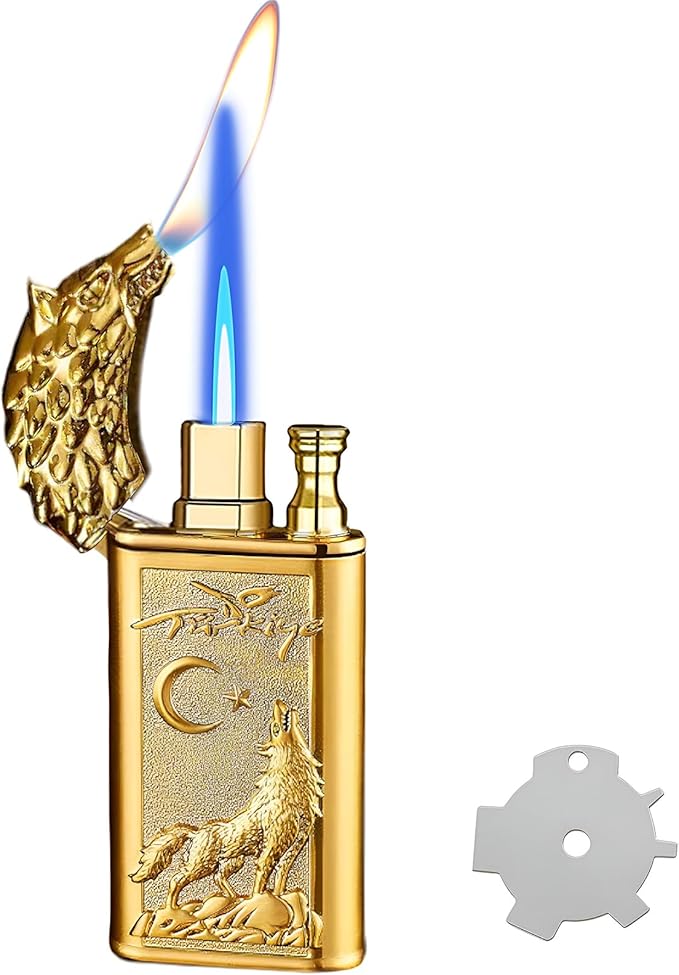 Torch Lighter, Relief Wolf Design Magic Dual Flame Lighter with Adjusting Flame Tool, Creative Windproof Lighter, Cool Jet Flame Butane Lighter, Refillable Butane Lighter for Outdoor Indoor-Gold Wolf