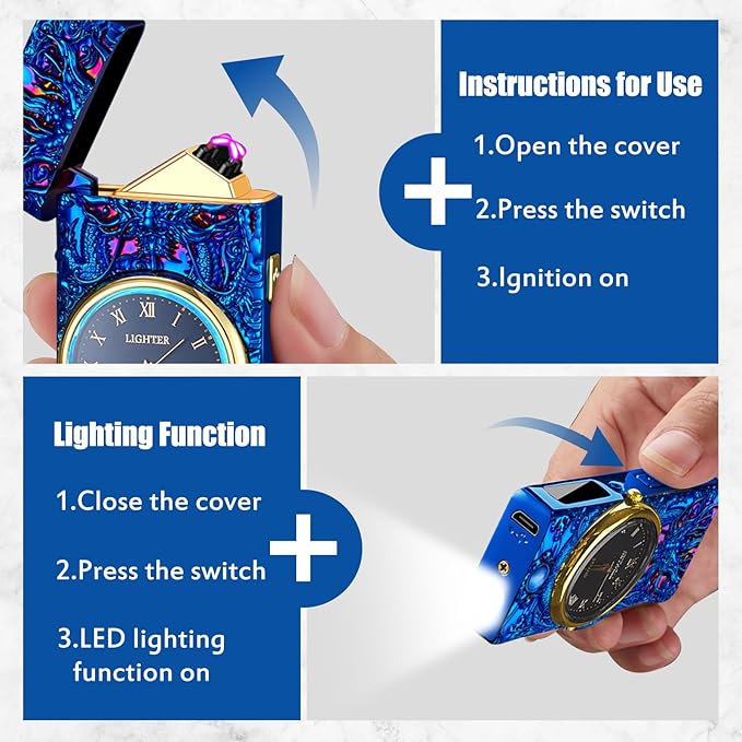Cool Lighter with Clock Dial Electric Lighter with LED Power Display Plasma Lighter Windproof USB Rechargeable Lighter Gifts for Men Women(BlueDragon)