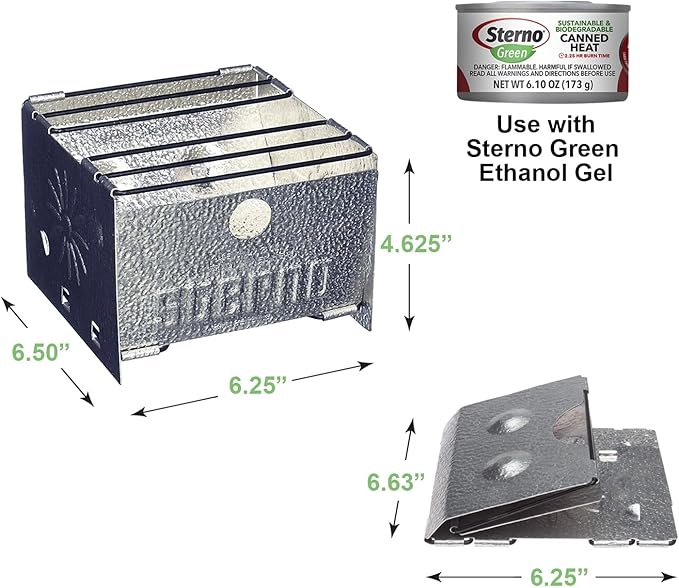 Sterno Folding Stove, Compact Emergency Food Prep, Silver, 6-1/4"L x 6-3/8"W x 4-5/8"H, Fuel Not Included