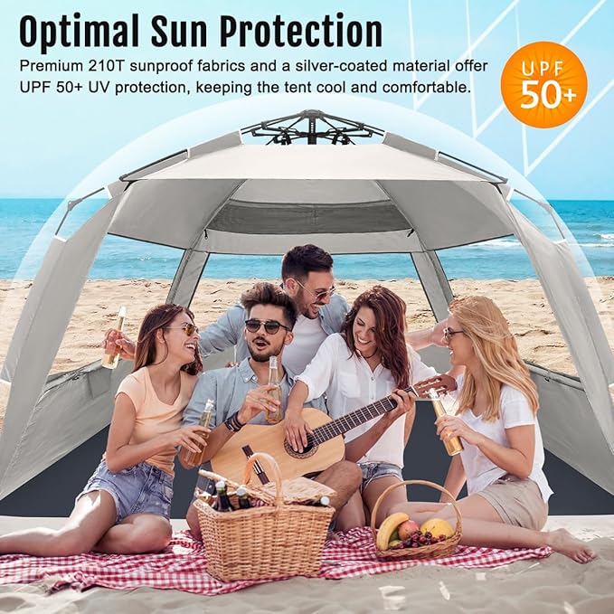 WhiteFang Deluxe Pop Up Beach Tent Sun Shade Shelter for 3-4/5-6 Person, UV Protection, Extendable Floor with 3 Ventilating Windows Plus Carrying Bag, Stakes, and Guy Lines