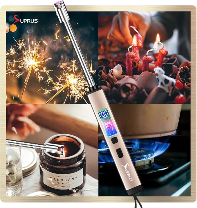 SUPRUS Electric Candle Lighter USB-C Rechargeable with Digital Battery Display Ambient Lighting Safety Switch 360° Flexible Neck Flameless Plasma Windproof Perfect for Candle BBQ Camping (Gold)