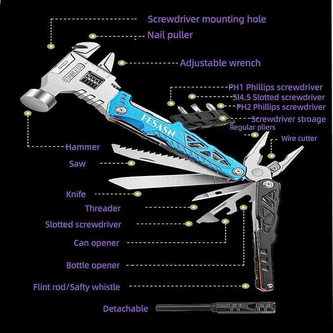 Upgraded Adjustable Wrench Multi tool Hammer,18-in-1 All in One Survival Tools Mini Multitool Pliers for Adults Him Boyfriend Husband Grandpa Women Birthday Valentines Fathers Gift