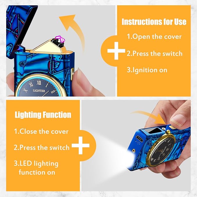 Cool Lighter with Clock Dial Electric Lighter with LED Power Display Plasma Lighter Windproof USB Rechargeable Lighter Gifts for Men Women (Sailboat-Blue)