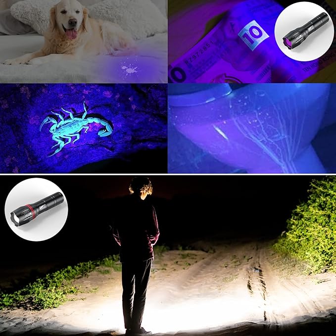 HAUSBELL 365 nm UV Flashlight Black Light Flash Light, Zoomable Blacklight Flashlights with Five Modes for Dog Cat Urine Detection and Emergencies, UV 2 Pack