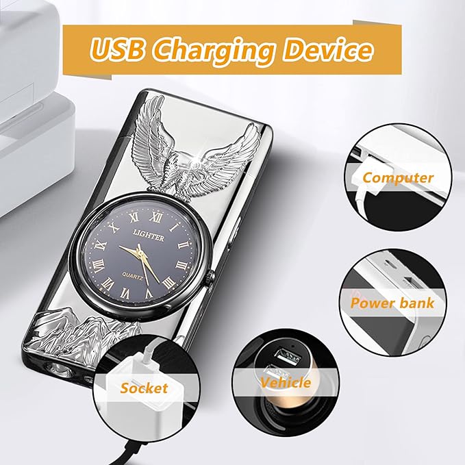 Plasma Lighter USB Rechargeable Electric Lighter Windproof Arc Lighter with Clock dial time Display Cool Lighter for Men(Silver)
