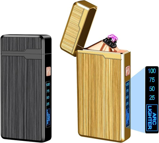2 Pack Electric Lighter,USB Rechargeable Lighter, Plasma Dual Arc Lighter, Windproof Flameless Lighter, Pocket Metal Lighter with LED Battery Indication for Indoor Outdoor (Black&Gold)