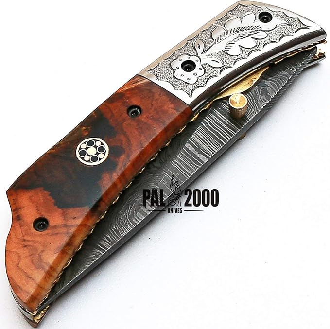 PAL 2000 KNIVES FOL-8832 Handmade Damascus Steel Folding Pocket Hunting Knife with Sheath