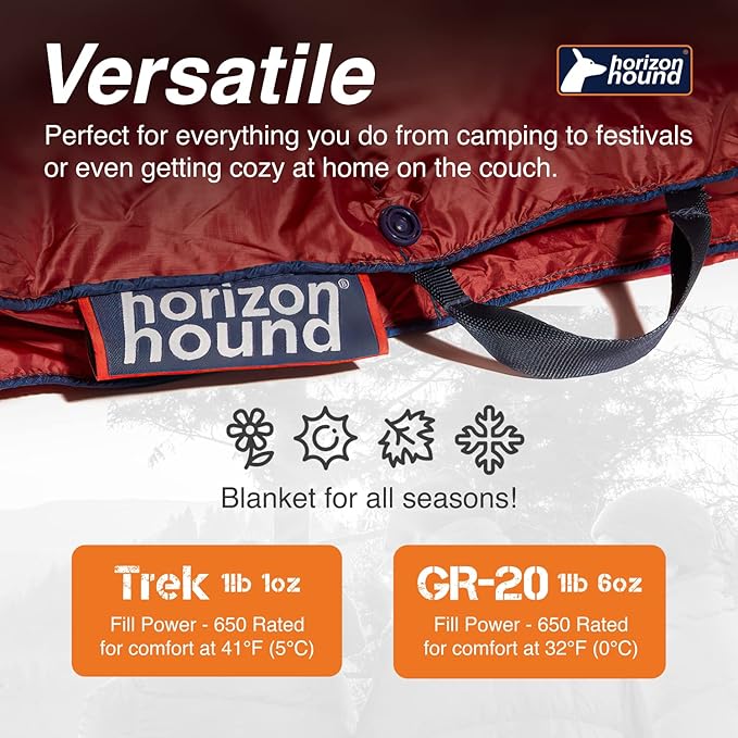 Horizon Hound Down Camping Blanket - Outdoor Travel Blanket | Sustainable Insulated Down | Lightweight & Warm Quilt for Camping, Stadium, Hiking & Festival | Water Resistant, Packable & Compact