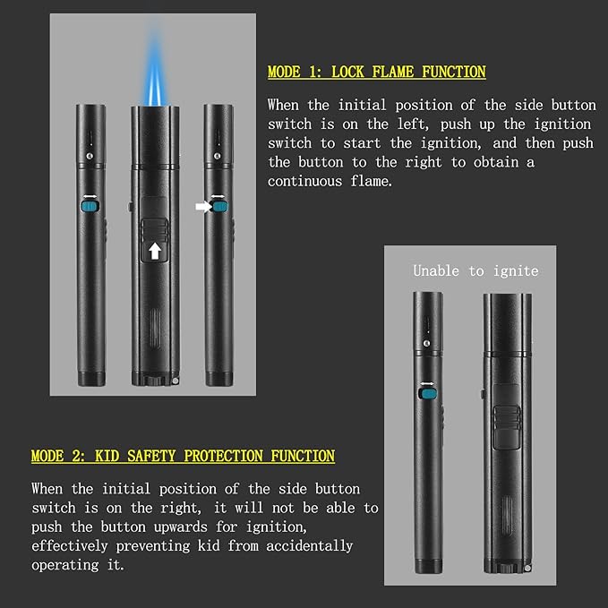 5.7in Butane Torch Lighter with Flame Locking & Safety Switch Function, Adjustable Double Jet Flame Long Stick Lighter, Refillable Windproof Pen Lighter. Black(Sold Without Gas)