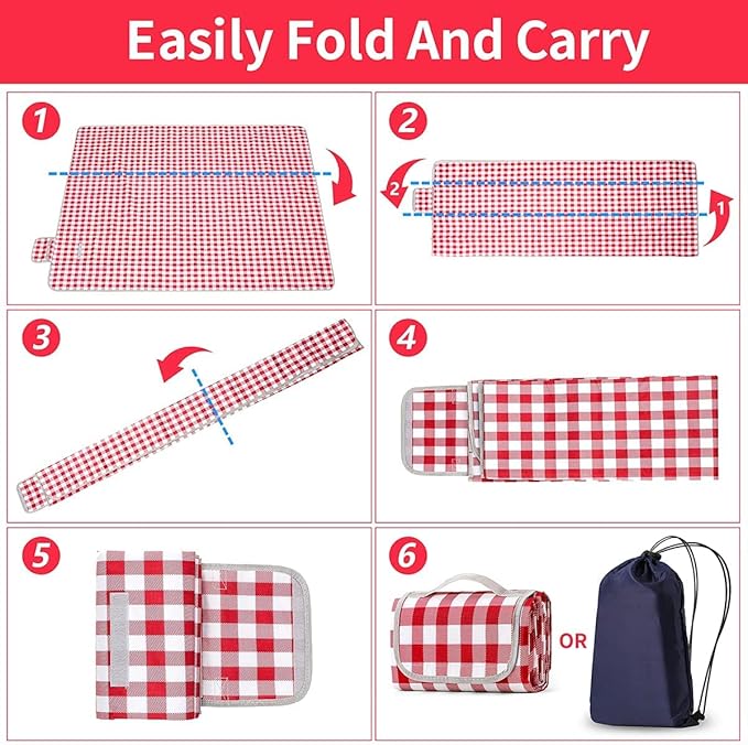 TONDAZHIYO Picnic Blankets Waterproof Foldable ,80”x60” Beach Blanket,Camping Sand mat, Large sandproof Lightweight Outdoor Blankets, Park (red & White)