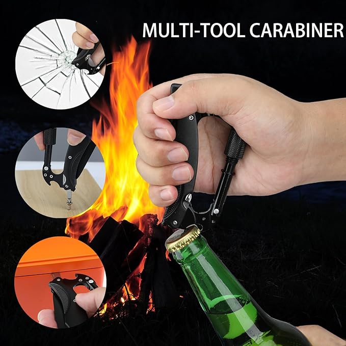 Multitool Carabiner with Knife : EDC Carabiners Keychain,LED Flashlight,Glass Breaker and Bottle Opener,Tactical Carabiner Multi-Tools and Outdoor Survival Gear for men