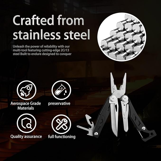 ARES Series 12-P Pocket Size Multitool with Premium Stainless Steel Pliers, Short Dagger,Black Luxury Gift Box