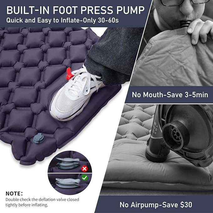 Camping Sleeping Pad with Compass, Ultralight Inflatable Sleeping Mat with Pillow, Built-in Foot Pump, Portable Camping Air Mattress for Backpacking Hiking Traveling Tent (Navy)