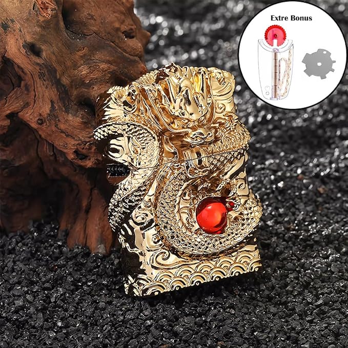 Dragon Lighter Premium Kerosene Soft Flame Lighter with Adjustable Flame, Refillable, Windproof and Pocket Size for Outdoor Camping, Travel, and Household Use (Gold)